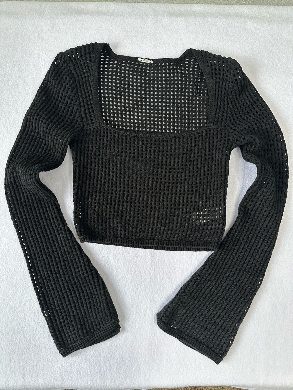 Garage Black Square Neck Crochet Knit Crop Top Sz M Bell Sleeve Boho Festival